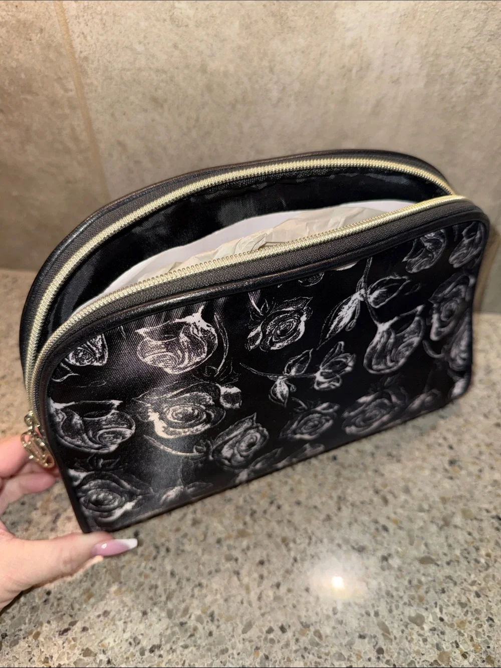 Black Rose Floral Print Cosmetic Pouch